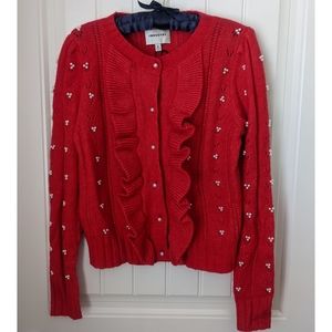 NWT Industry Red Ruffled Cardigan with Pearl Embellishments